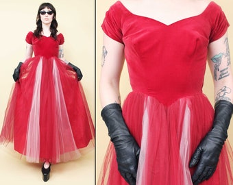 50s Vtg Floorlength Ballgown Red Velvet & Pink Tulle Formal Prom Ballerina Fairy Women's Xs
