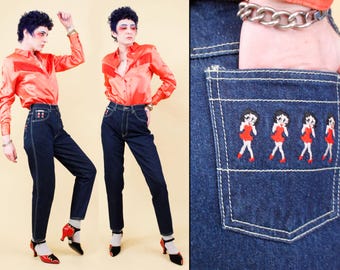 80s Vtg Betty Boop Embroidery Dark Denim Jeans High Waist Tapered Skinny Pant Xs W22" H34" Inseam 28" Rise 11"