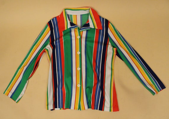 70s Vtg Primary Colors Vertical Striped Button Up… - image 8