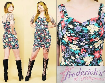 80s Vtg Fredericks of Hollywood Floral Cotton Ruched Mini Dress Sleeveless Sweetheart Bust Women's Xs B30-32" W24" H34" L32"