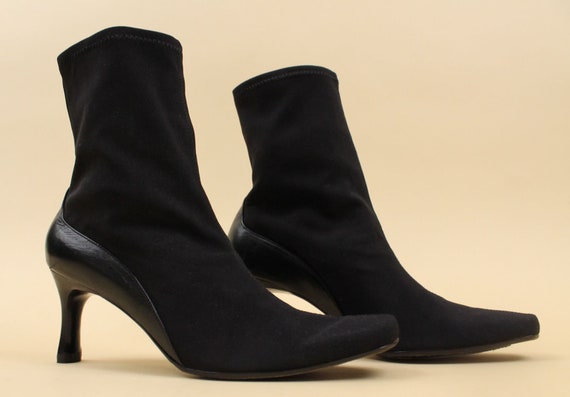90s Y2K Vtg Black Neoprene & Leather Sock Boot Pu… - image 2
