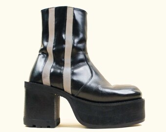 90s Vtg MC Powers Men's Platform Ankle Boot Kiss Army Goth Industrial Reflective Stripe tag size rare Chunky Shoe CollectorUS 10 EU 43