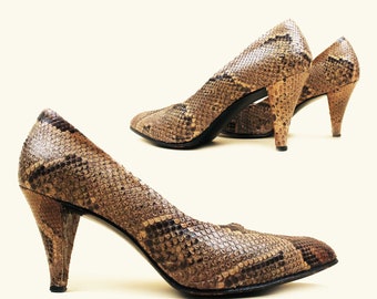 70s 80s Vtg Python Snakeskin High Heel Classic Pumps All Leather Women's US 7.5 EU 38