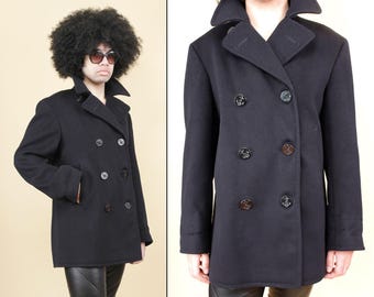 60s Vtg US NAVY Dark Blue Navy Wool Pea Coat Gold Anchor Military Button Sailor Nautical Mod Male Jacket Men's tag 38 Sm B40" W40" H40" L30"
