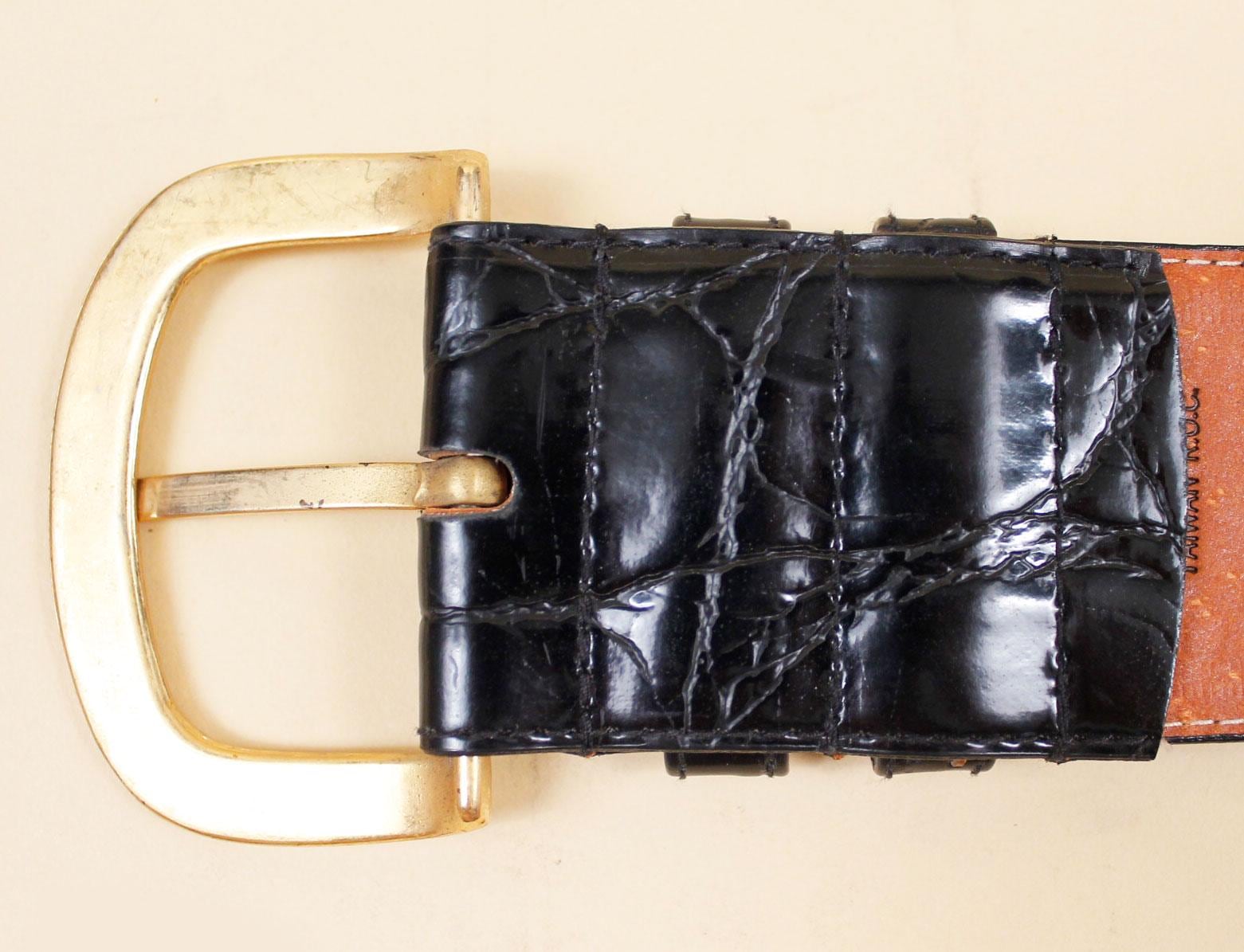 80s Express Womens Wide Belt Black Alligator Embossed Leather Gold Buckle Medium Wide Leather Black Croc Belt with Gold Buckle | BRAHMIN main image 2