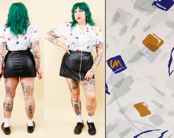 80-tals vintage vit rosa blå fyrkantig abstrakt blus New Wave krage knäppt kortärmad dam L-märke 40 B42" B42" H44" L25"