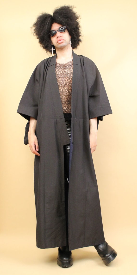 60s Vtg Black Heavy Weight Kimono Boxy Robe Japan… - image 2
