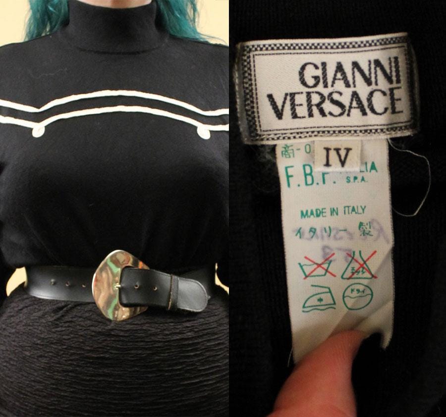 80s Vtg Gianni Versace Black Wool White Embroidered Sweater Mock 