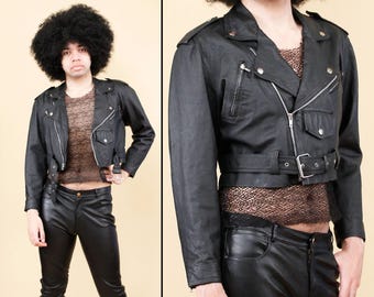 80s Vtg Wilson's Black Leather Crop Biker Jacket Punk New Wave Classic Motorcycle Cut Women's Medium B38" W30-32" L18"