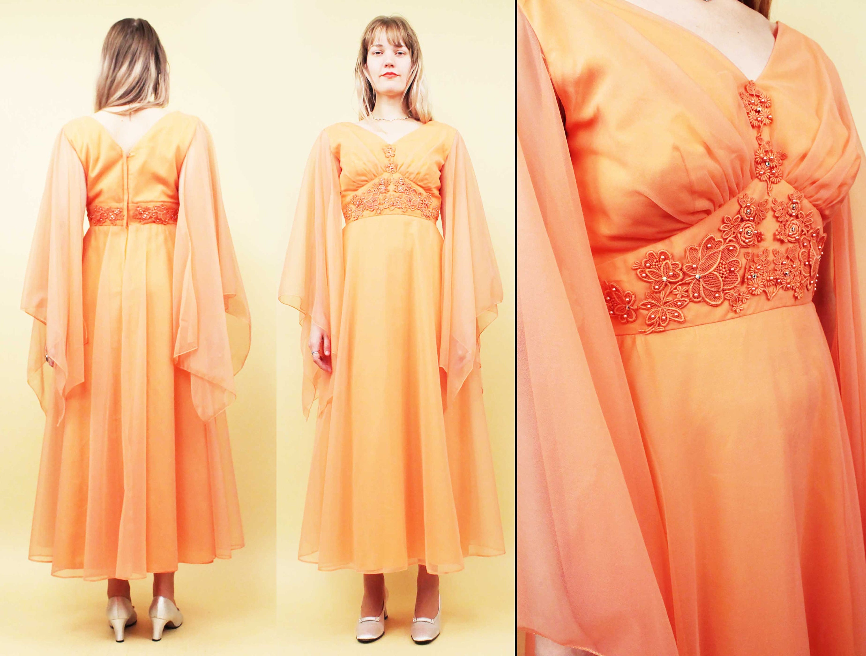 60s 70s Vtg Orange Creamsicle Angel Wing Sheer Sleeve Maxi Dress