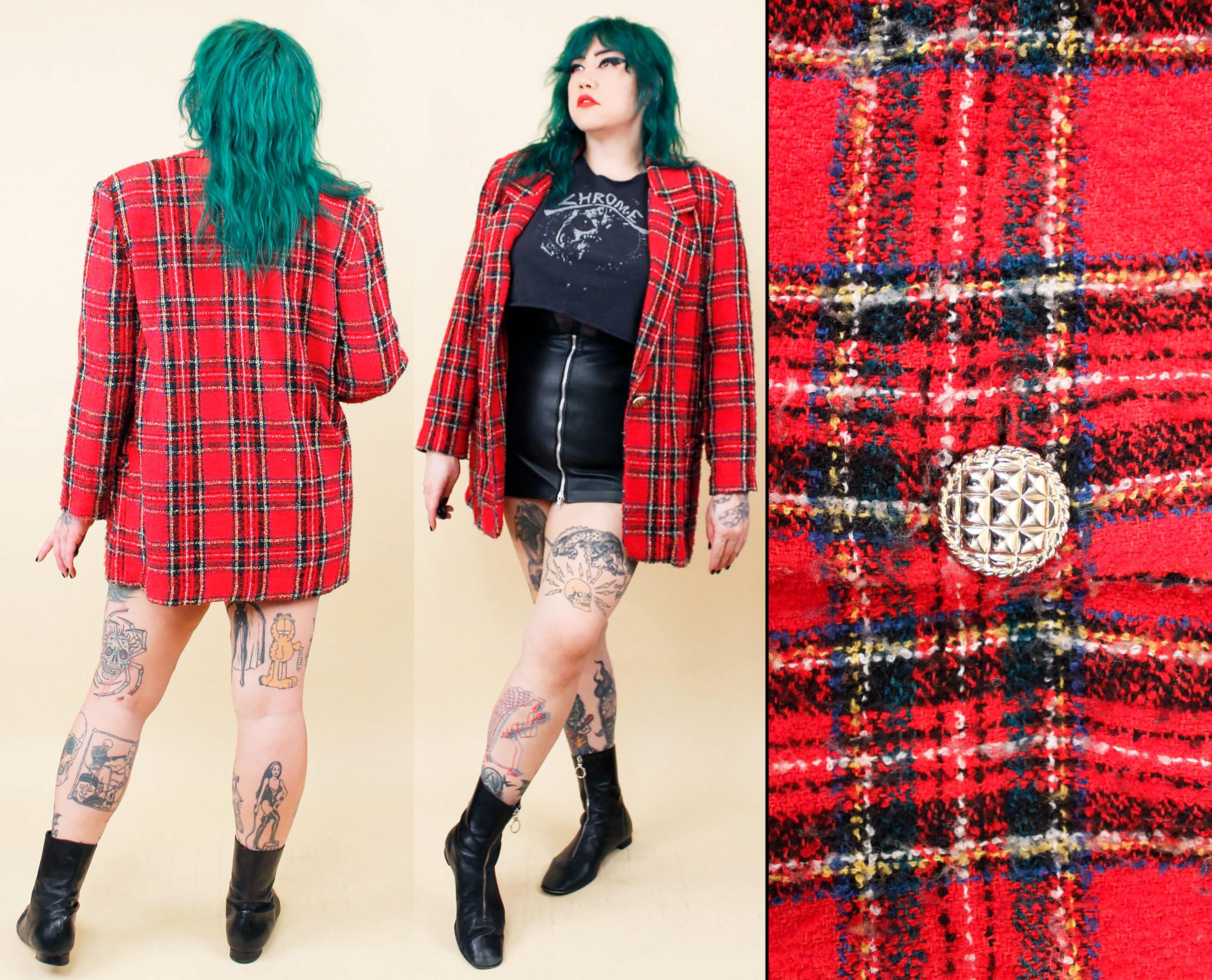 80s 90s Vtg Red Bouclé Plaid Tartan Blazer Jacket Straight