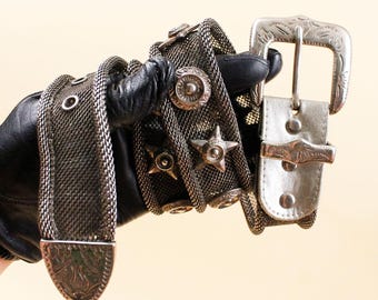 80s Vtg Metal Chain Mesh Punk Belt Star Detail fits Waist 26" 27" 28" 29" 30"