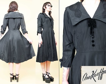40s 50s Vtg Black Sailor Collar Silk Velvet Tie Taffeta Dress Pin Up Goth Morticia Addams Funeral VLV Ann Kauffman Women&#39;s Xs Sm