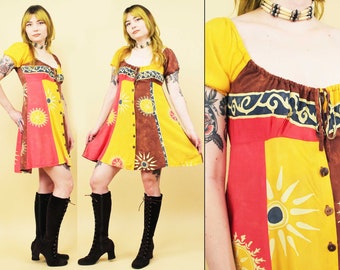 90s Vtg Batik Babydoll Mini Dress Yellow Sun Mandala Motif Tie Dye Hippie Boho Women's Small B32-36" W28" H38" L32"