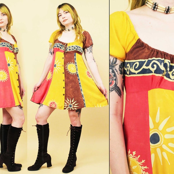 90s Vtg Batik Babydoll Mini Dress Yellow Sun Mandala Motif Tie Dye Hippie Boho Women's Small B32-36" W28" H38" L32"