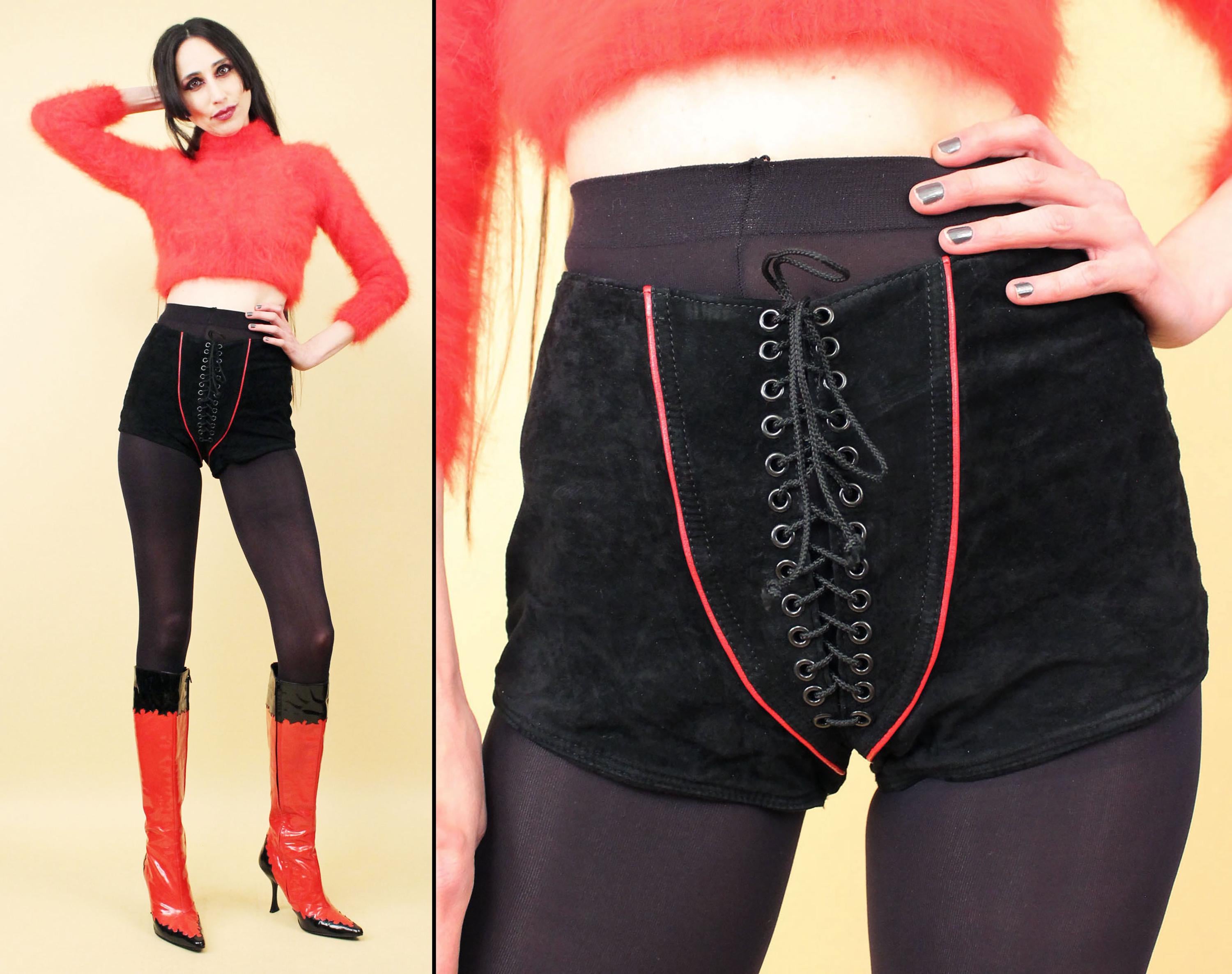 70s 80s Vtg Black Suede Leather Corset Front Hot Pants