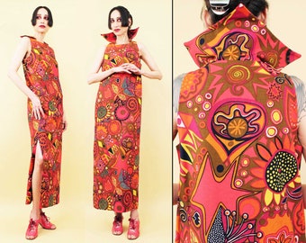 60s Vtg Giant Pointy Collar Psychedelic Maxi Dress Op Art Novelty Print Mod Sleevless Women's Xs