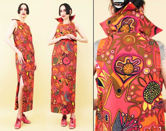 60s Vtg Giant Pointy Collar Psychedelic Maxi Dres… - image 1