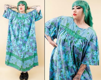 80s 90s Vtg Cotton Blue Green Floral Kaftan Muu Muu Dress Plus Size Women's tag 5X B62" W70" H70" L52"