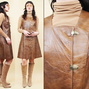 60s Vtg Brown Genuine Leather & Gold Lock Button Shift Dress Mod Space Age Futuristic Knee Length Mini Mod Women&#39;s Small Medium