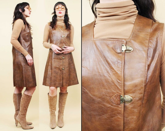 60s Vtg Brown Genuine Leather & Gold Lock Button … - image 1