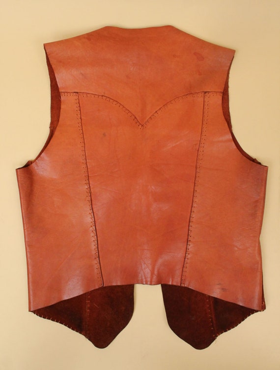 60s 70s Vtg Brown Leather Whipstitch Vest Jacket … - image 3