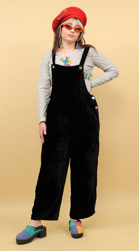 90s Vtg Black Velvet Overalls Bib Suspender Jumps… - image 2