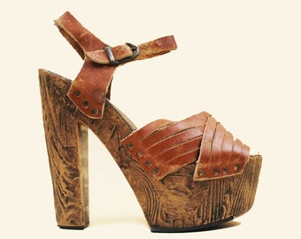 70s Vtg Faux Wood Platform Sky High Sandal Woven Leather Ankle Strap Glam Rocker Disco Boho Hippie Women&#39;s US 5.5 EU 35.5