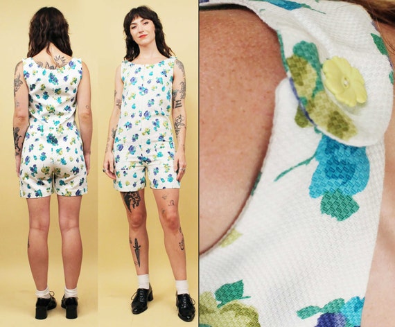 60s Vtg Mod White Green Blue Floral Cotton Romper… - image 1