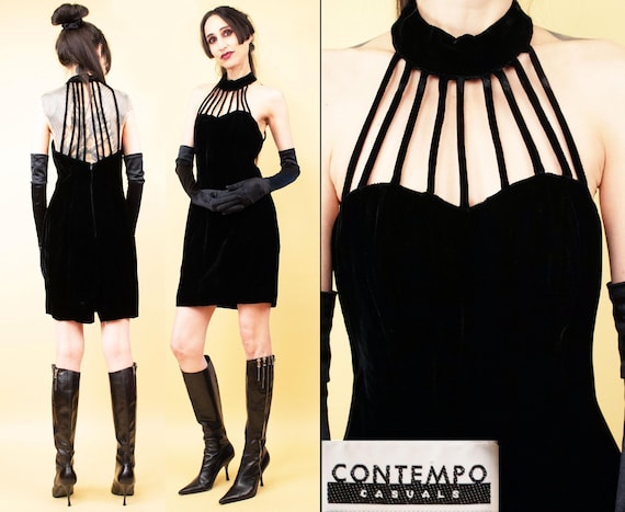 80s Vtg Contempo Casuals Black Velvet Cage Strap Choker Neckline Party  Cocktail Mini Dress Formal Tag 3/4 Xs B31" W24" H34" L34" - Etsy
