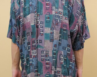90s Vtg Abstract Print Button up Collared Rayon Shirt