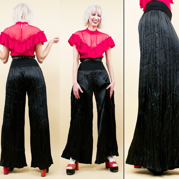 90s 00s Vtg Unusual Black Silky Big Wide Leg High Waist Dance Theatre Pants Mini Crinkle Pleat High Waist Palazzo Sm Med