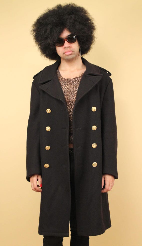 70s Vtg Black Wool Military Pea Coat Heavy Jacket Gold Anchor