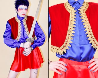 60s Vtg Medieval Revival Mod Velvet Red & Gold Embroidered Vest Crop Jacket W Xs-Sm B34" W34" L17" *As-Is*
