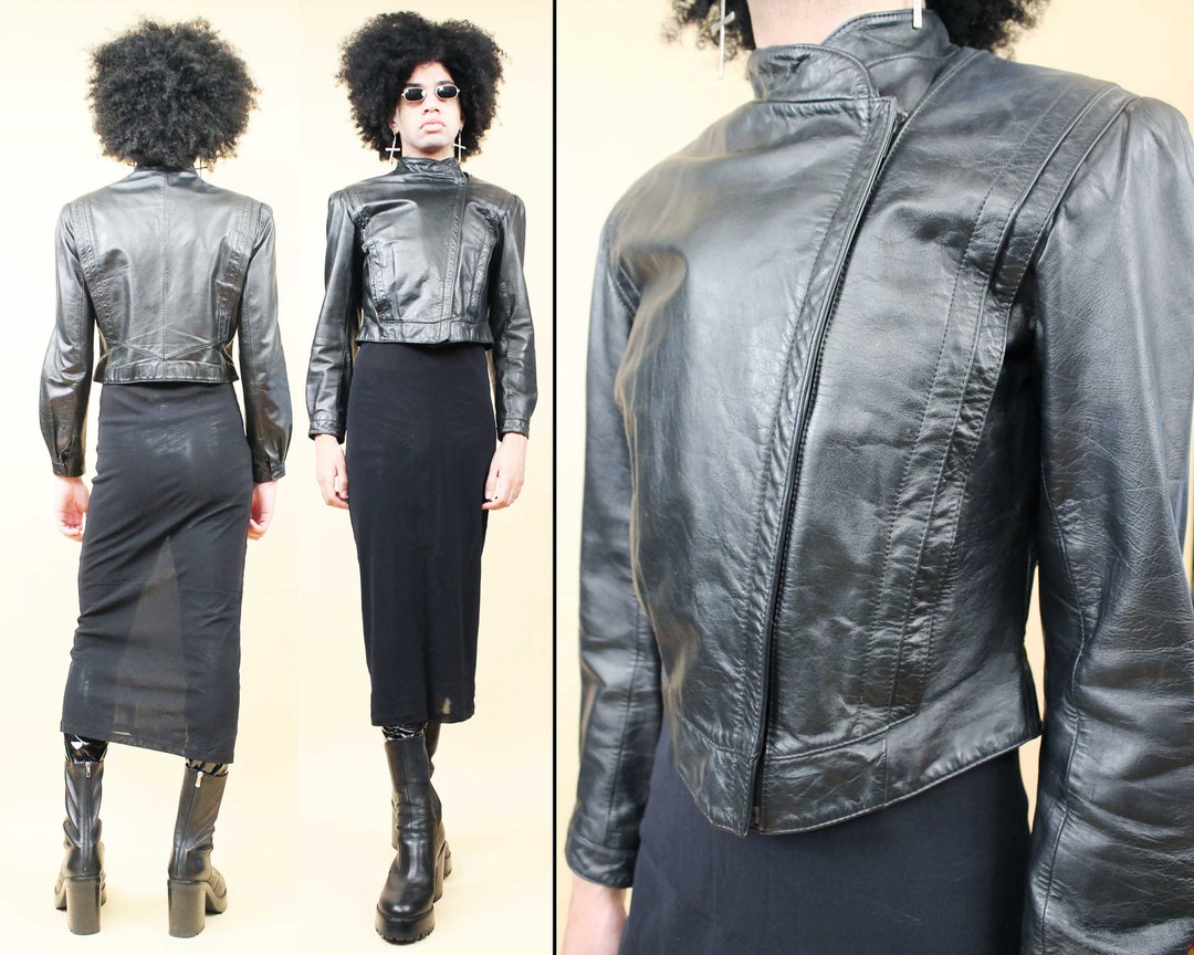 80s Vtg Black Leather Cafe Racer Zip up Crop Jacket High Collar Coat ...