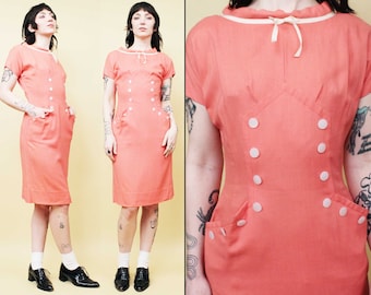 40s 50s Vtg Salmon Pink Peach Linen Day Dress Sailor Button Baby Doll Pin Up VLV Women's tag 15 fits Small 4/6