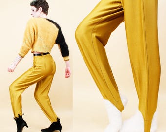 80s Vtg Alberto Makali Saffron Yellow Stirrup Leggings High Waist Punk New Wave tag 12 S-M W28" H38" Rise 13" L37"