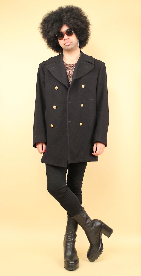 60s Vtg Black Wool Pea Coat Gold Anchor Military Button Sailor