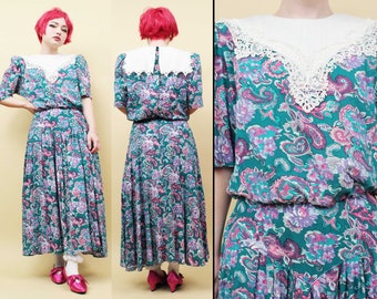 80s Vtg Paisley Floral Lace Bib Collar Midi Length Dress Cottage Core Prarie Whimsical Medium
