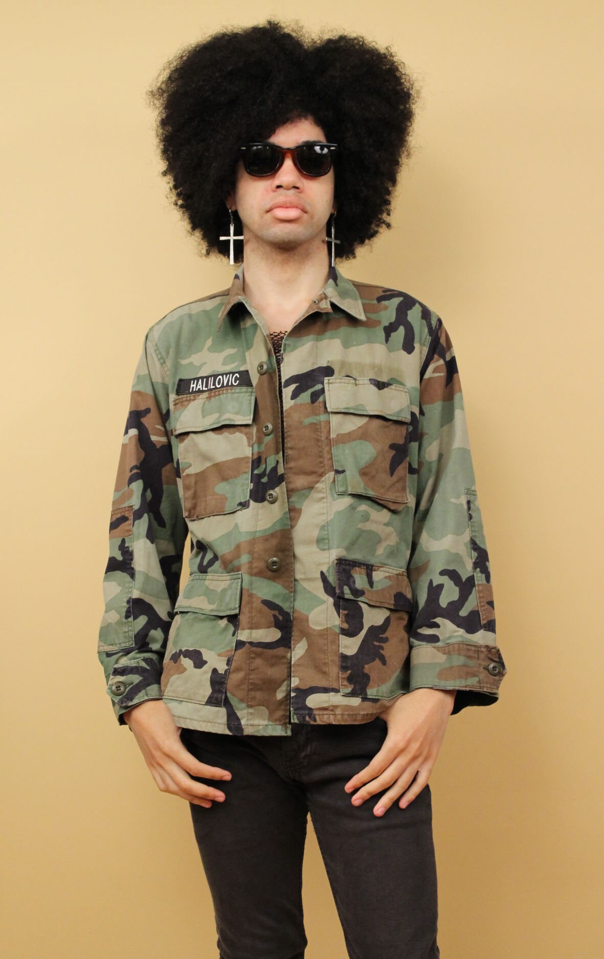 70s Vtg US Army Camo Camouflage Button up Cotton Light Jacket Long
