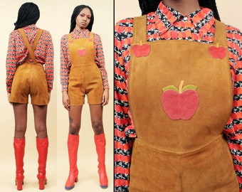 60s 70s Vtg Custom Leather APPLE Motif Brown Suede Overalls Shorts Romper Playsuit Mod Hippie Glam Rock Women's Small