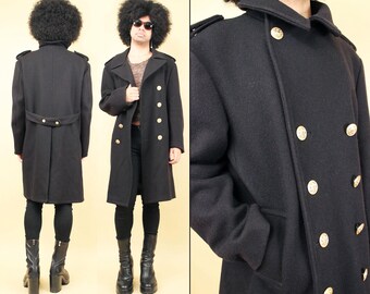 40s 50s Vtg Thick Black Wool Military Pea Coat Heavy Jacket Gold