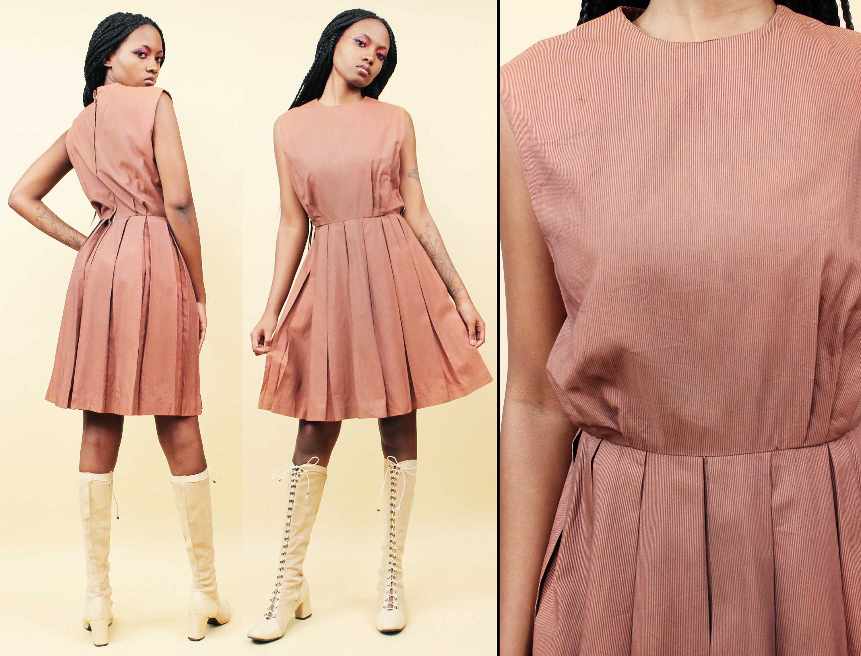 50s Vtg Brown Cotton Pleated Day Dress Mini Length