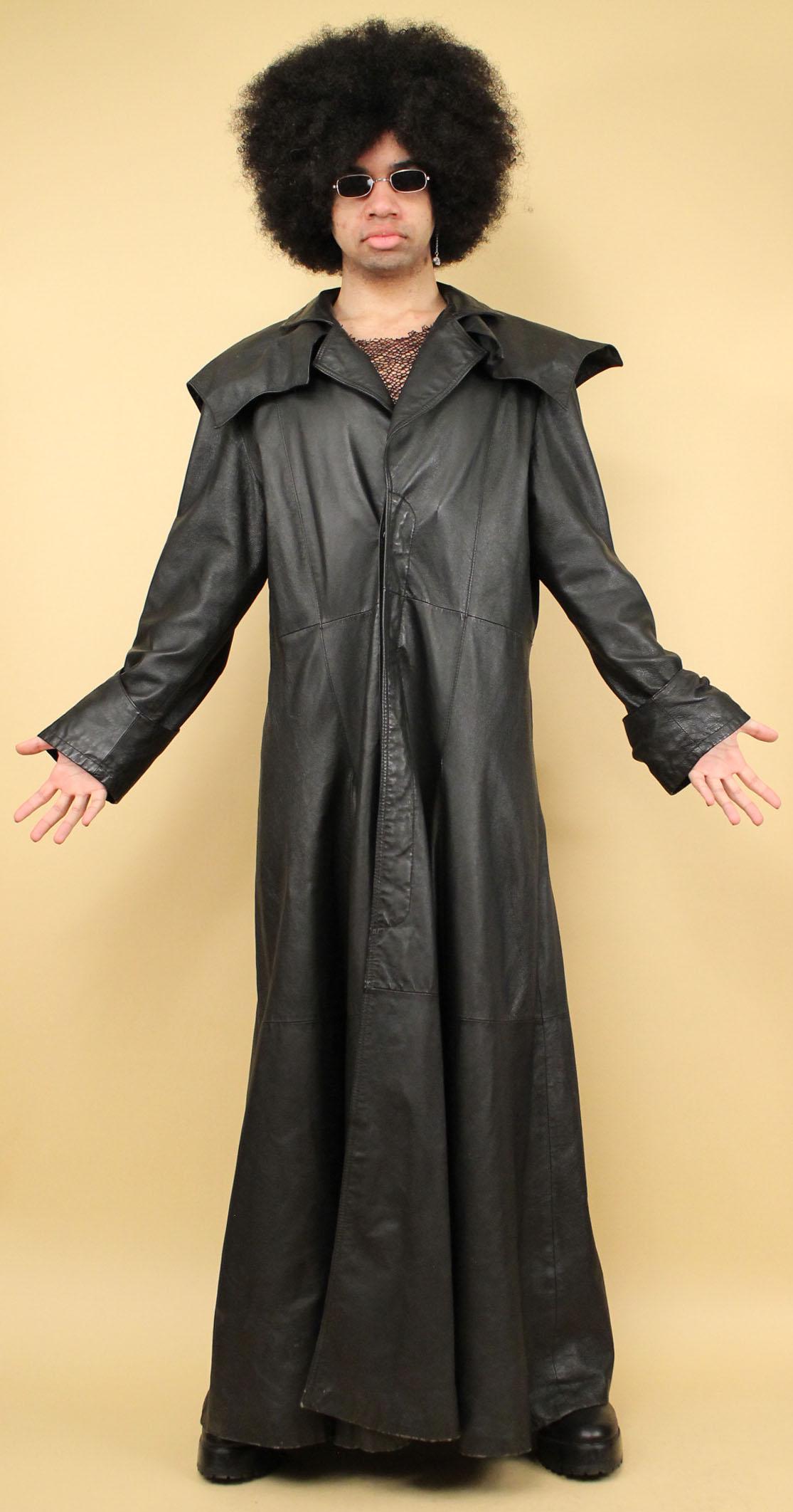 90s Vintage Black Leather Giant Collar Goth Coat Men's XXL