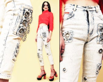 80s Vtg Acid Wash Stretch Cotton Denim Chains & Grommets High Waist Skinny Jean Tapered Leg Xs W24" H30-34" Inseam 27" *As-Is*
