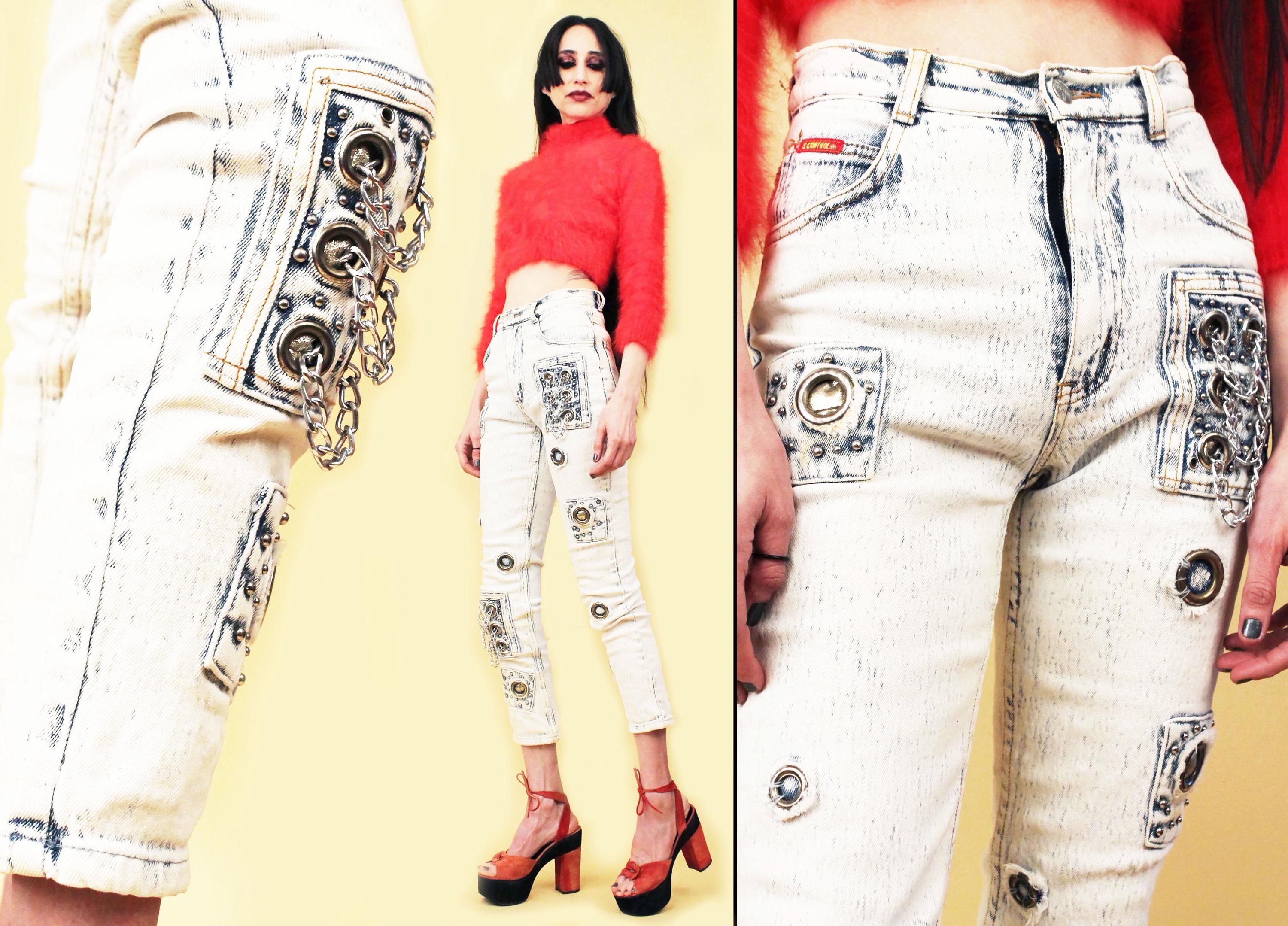 80s Vtg Acid Wash Stretch Cotton Denim Chains & Grommets High 