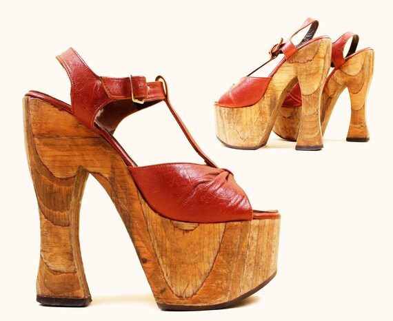70s Vtg Wood Leather Platform Sky High Sandal Woven Ankle Strap