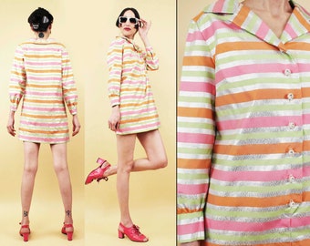 60s Vtg Silver Metallic Lurex Pink Green Orange Stripe Mod Mini Dress Scooter Collared Long Sleeve Shift Women's Xs