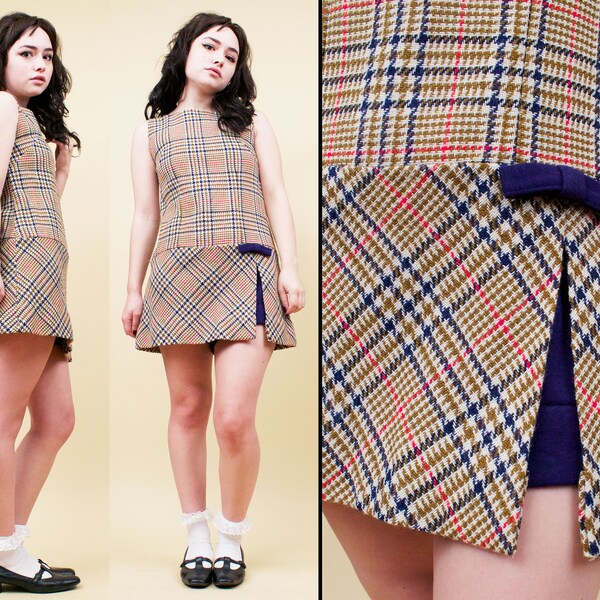 60s Vtg Wool Plaid Tartain Micro Mini Playsuit Romper Skort Jumper Dress Mod Brady Bunch Hullabaloo Junior Teen Baby Doll Dolly Xs Sm