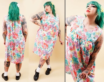 70s 80s Vtg Rainbow Floral Summer Lightweight Cotton Poly Muu Muu Shift Dress Plus Size Volup Women's 1X-3X B50" W54" H60" L42"